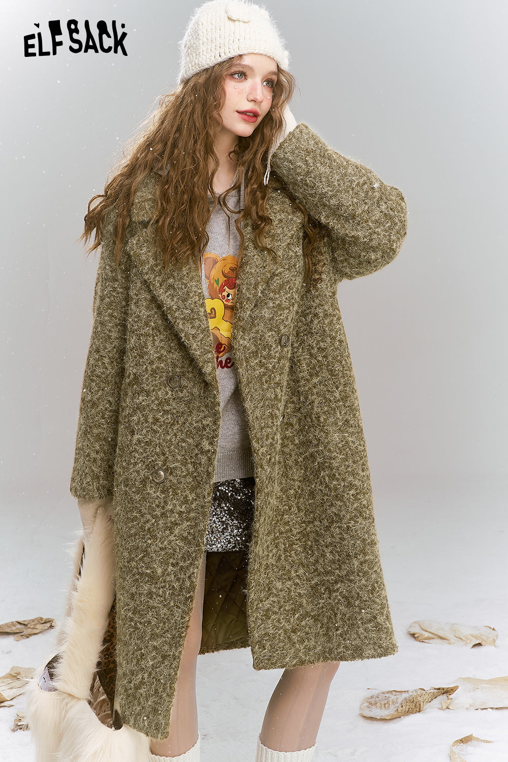 ELFSACK Retro elegant mid length lapel thick coat