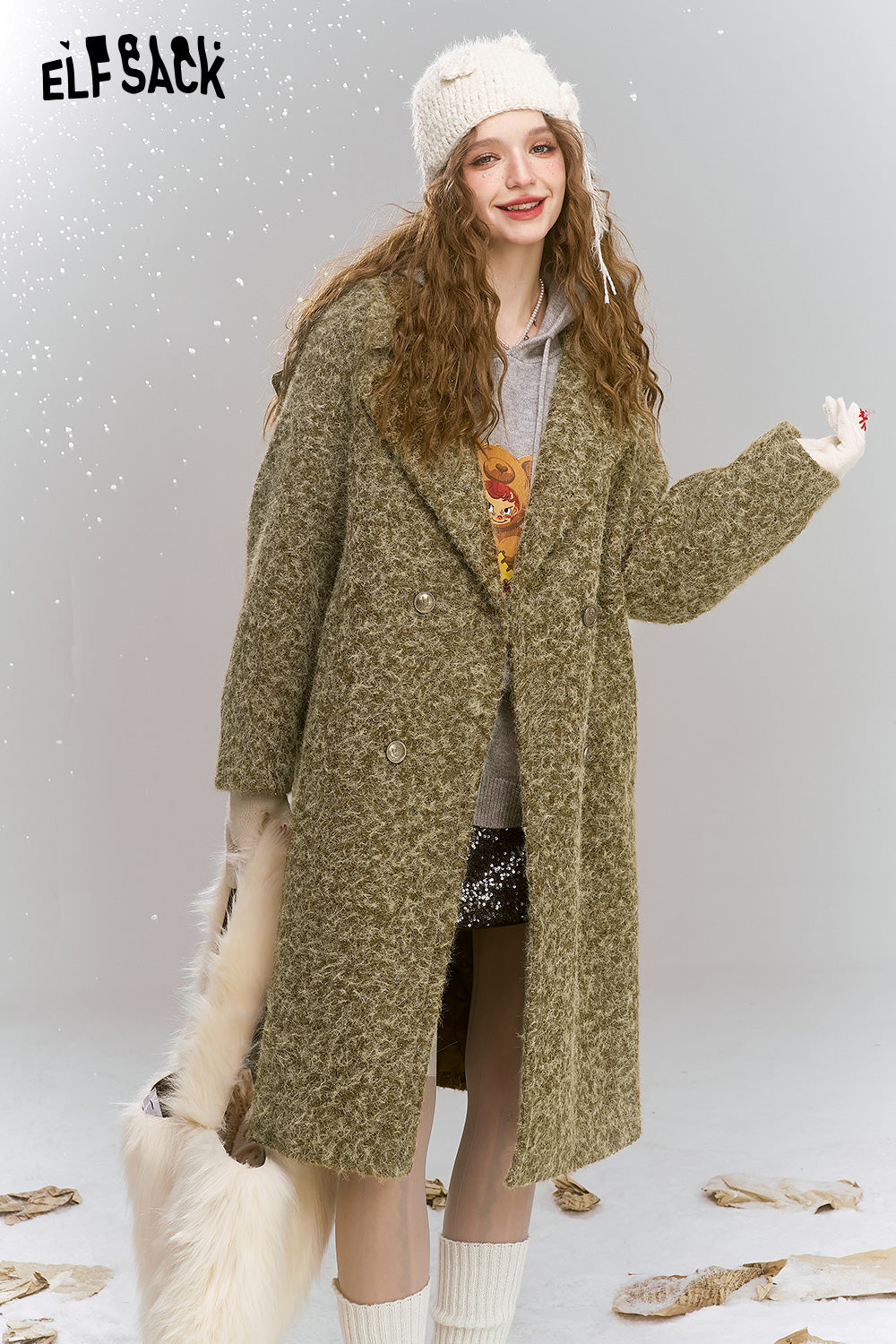 ELFSACK Retro elegant mid length lapel thick coat