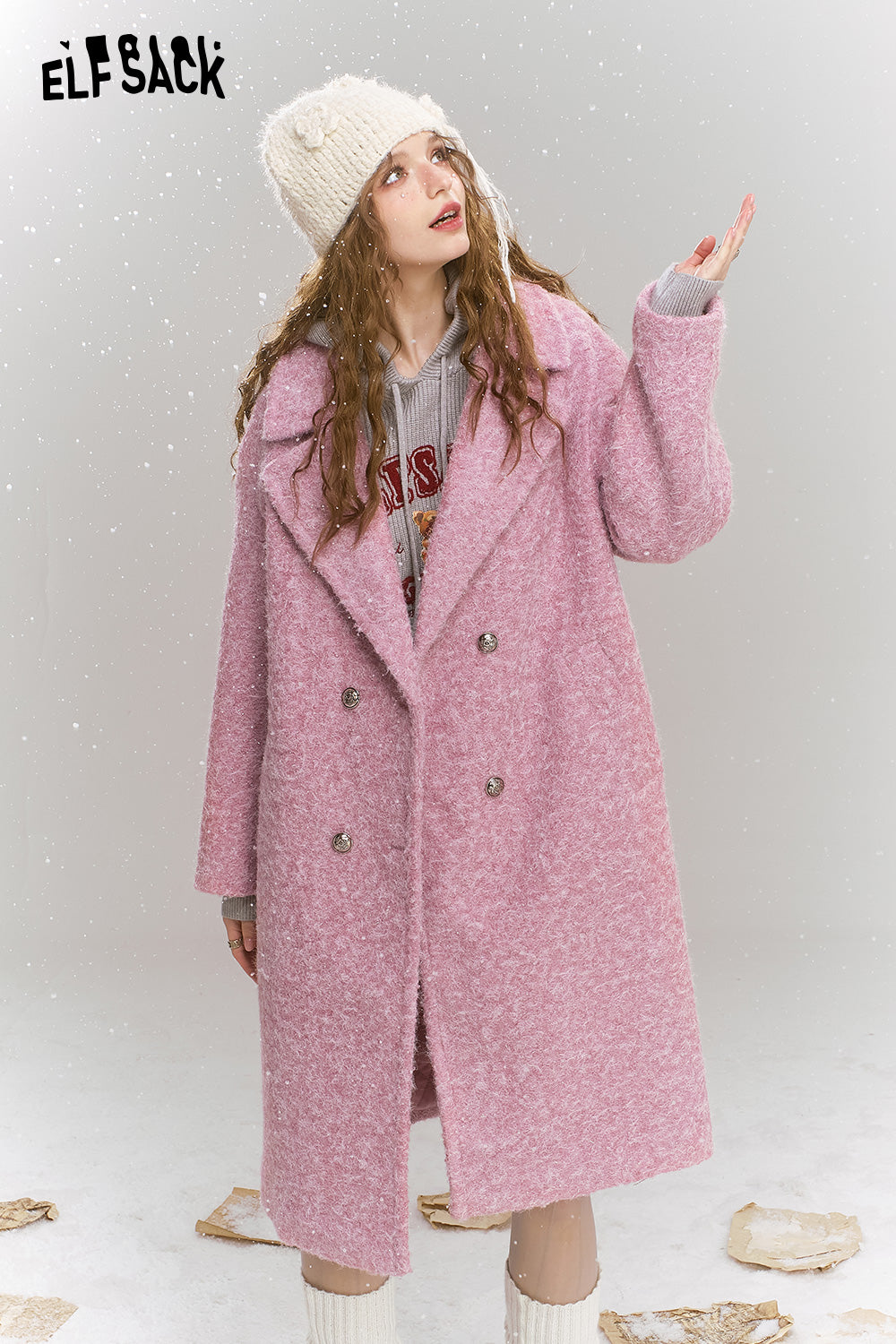 ELFSACK Retro elegant mid length lapel thick coat