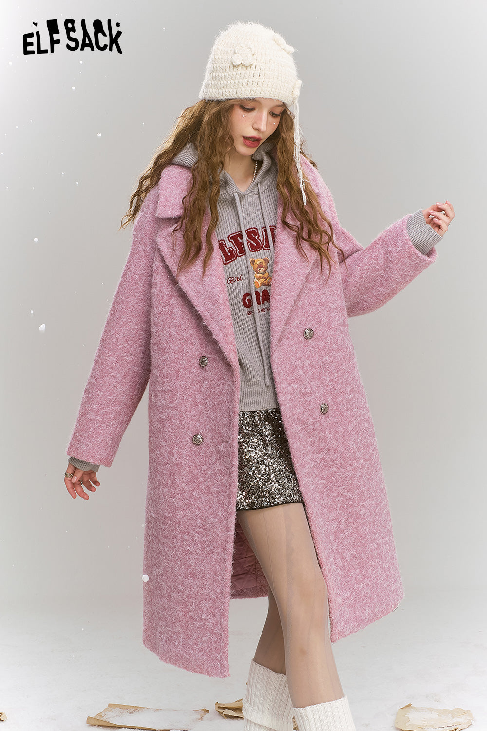 ELFSACK Retro elegant mid length lapel thick coat