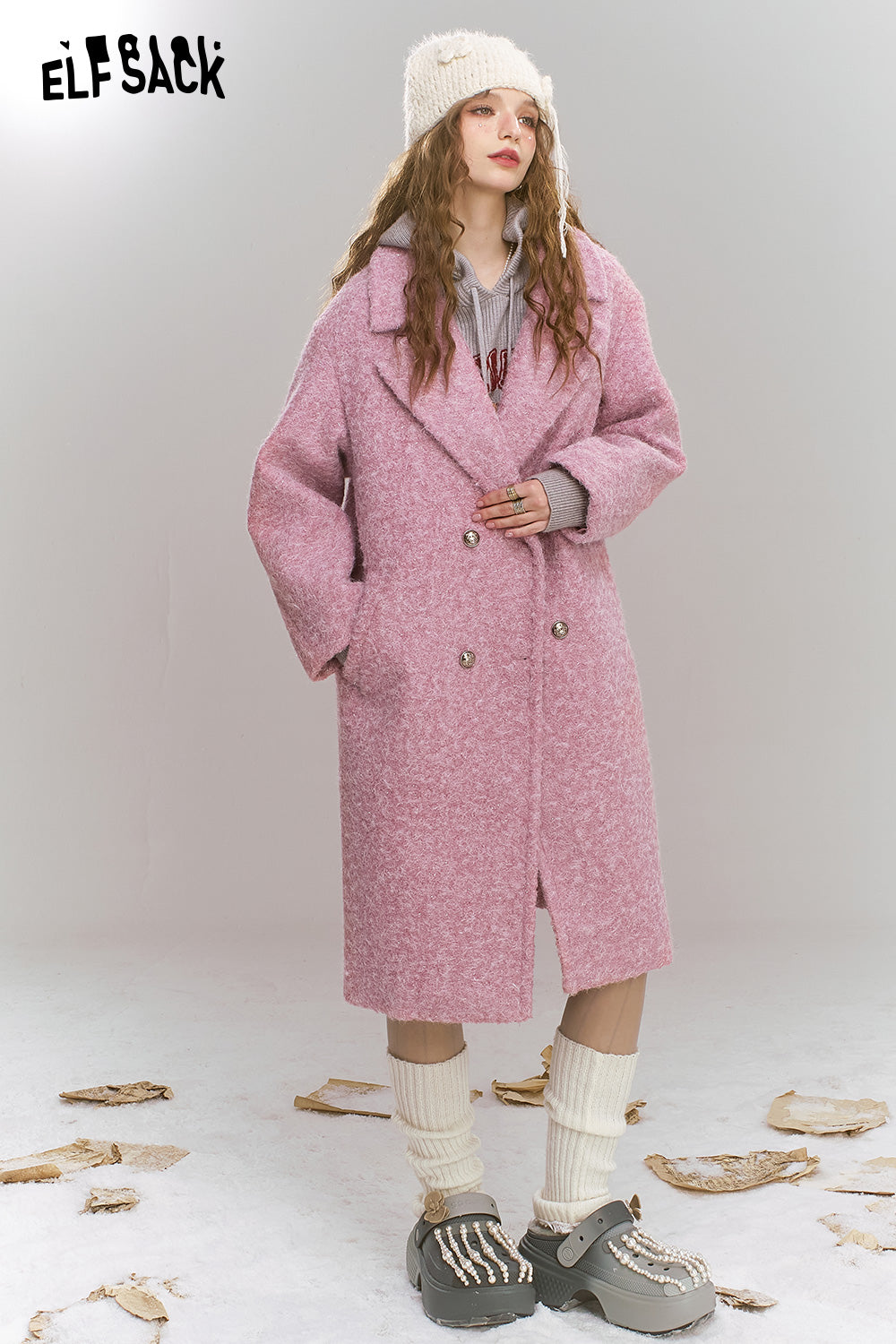 ELFSACK Retro elegant mid length lapel thick coat