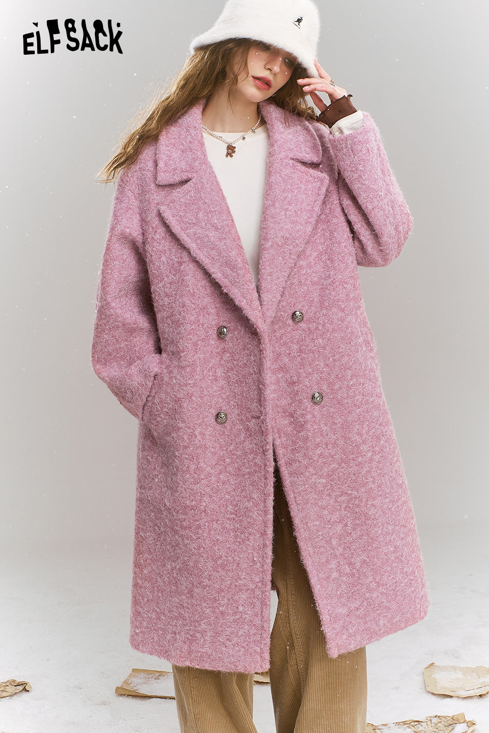 ELFSACK Retro elegant mid length lapel thick coat