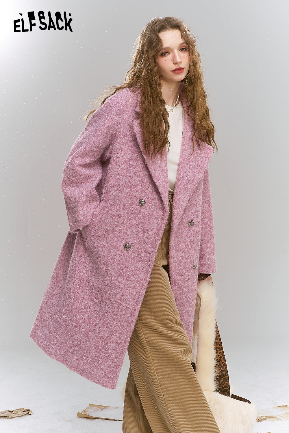 ELFSACK Retro elegant mid length lapel thick coat