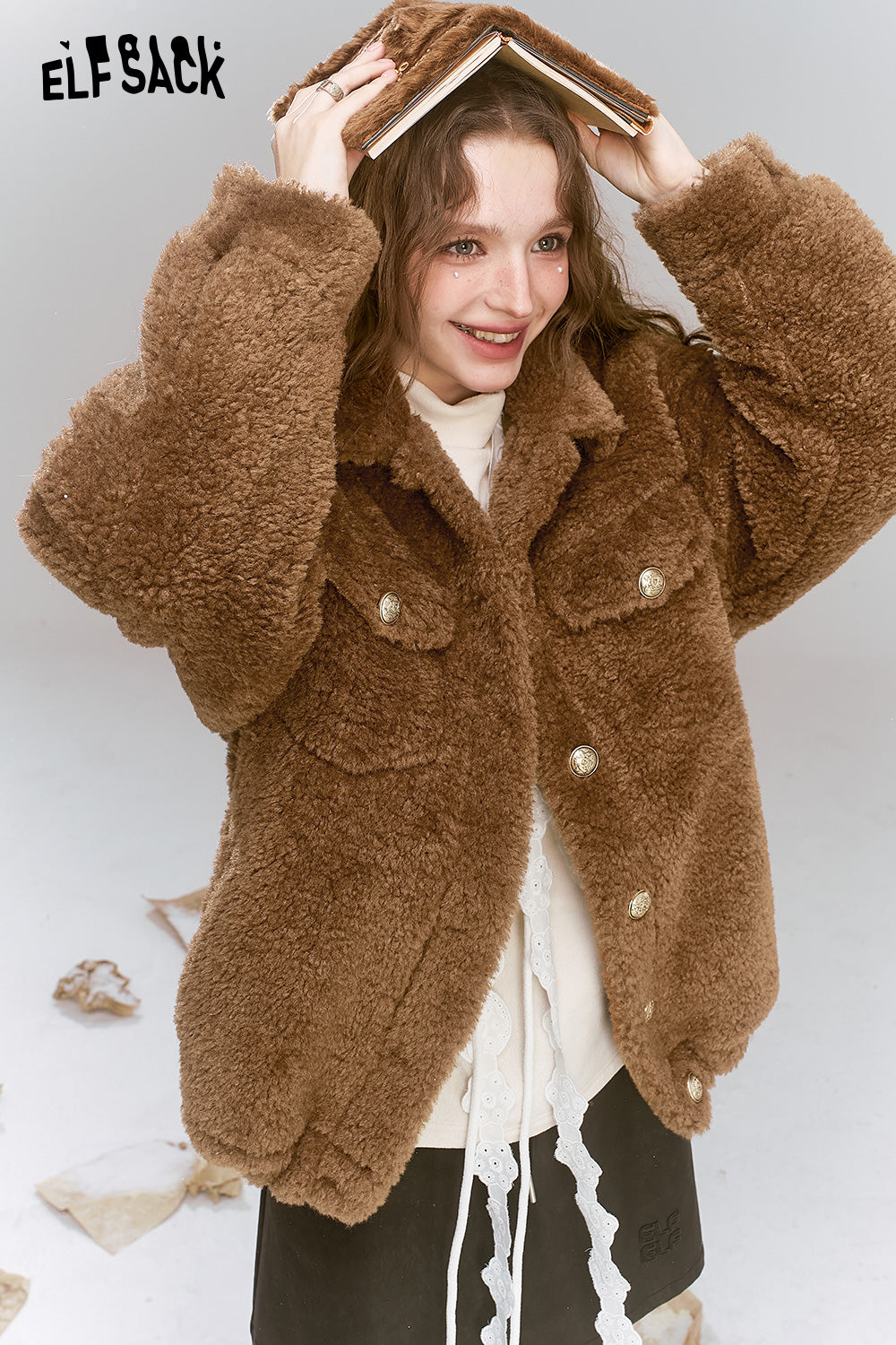ELFSACK Retro Sweet Cool Plush Single breasted Short Warm Thick Coat