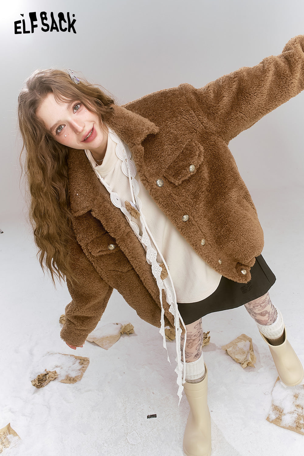 ELFSACK Retro Sweet Cool Plush Single breasted Short Warm Thick Coat