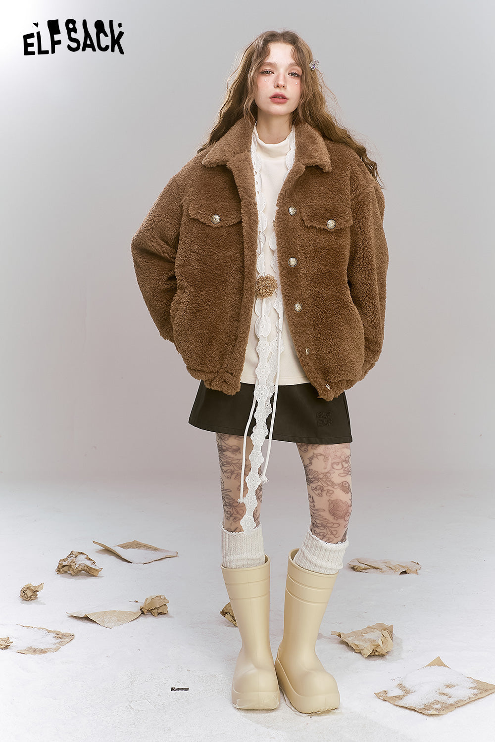 ELFSACK Retro Sweet Cool Plush Single breasted Short Warm Thick Coat