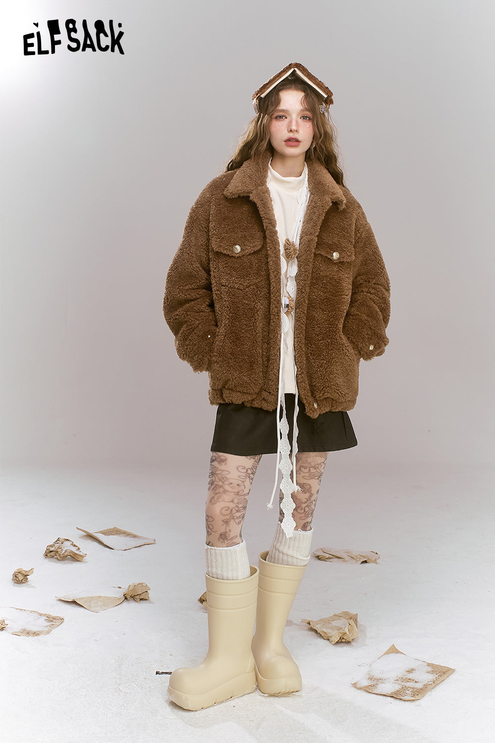 ELFSACK Retro Sweet Cool Plush Single breasted Short Warm Thick Coat