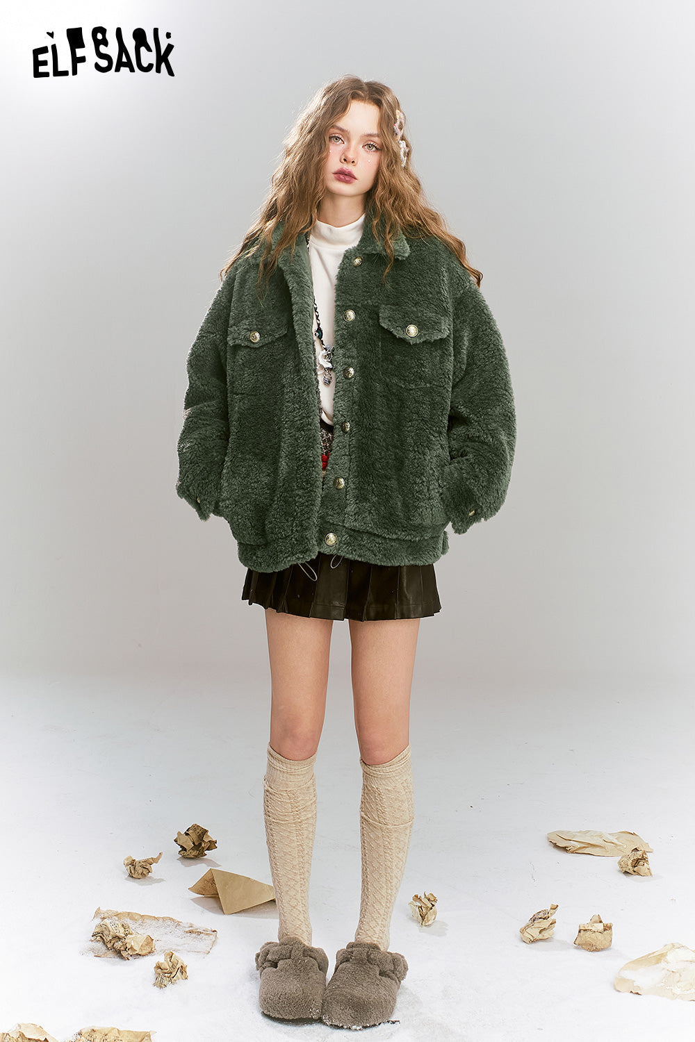 ELFSACK Retro Sweet Cool Plush Single breasted Short Warm Thick Coat