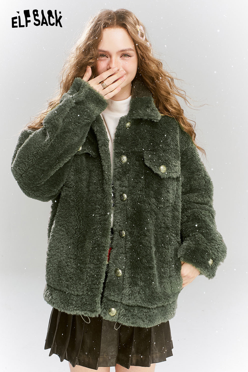 ELFSACK Retro Sweet Cool Plush Single breasted Short Warm Thick Coat