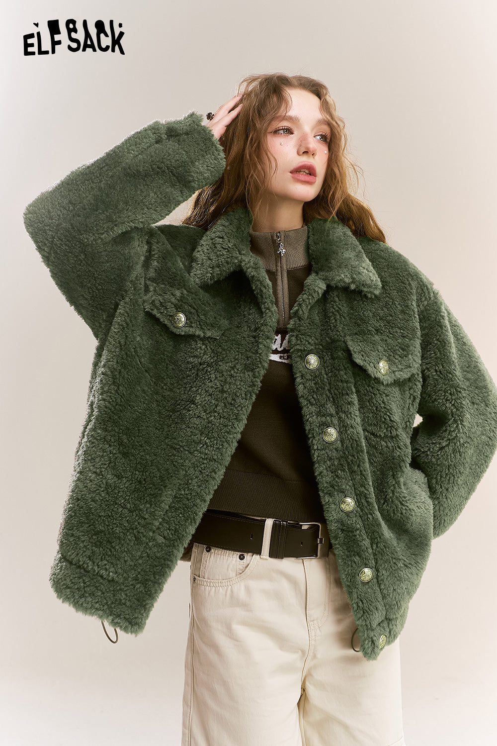 ELFSACK Retro Sweet Cool Plush Single breasted Short Warm Thick Coat