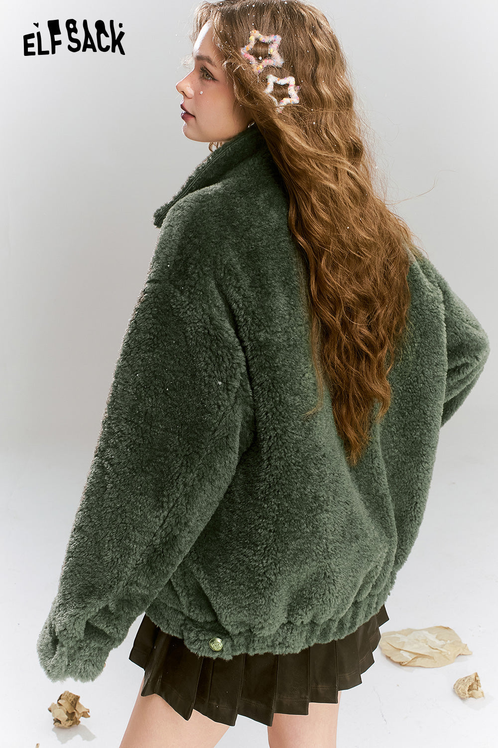 ELFSACK Retro Sweet Cool Plush Single breasted Short Warm Thick Coat