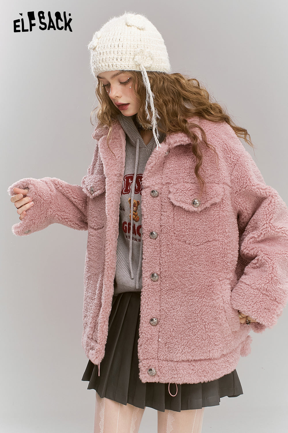 ELFSACK Retro Sweet Cool Plush Single breasted Short Warm Thick Coat
