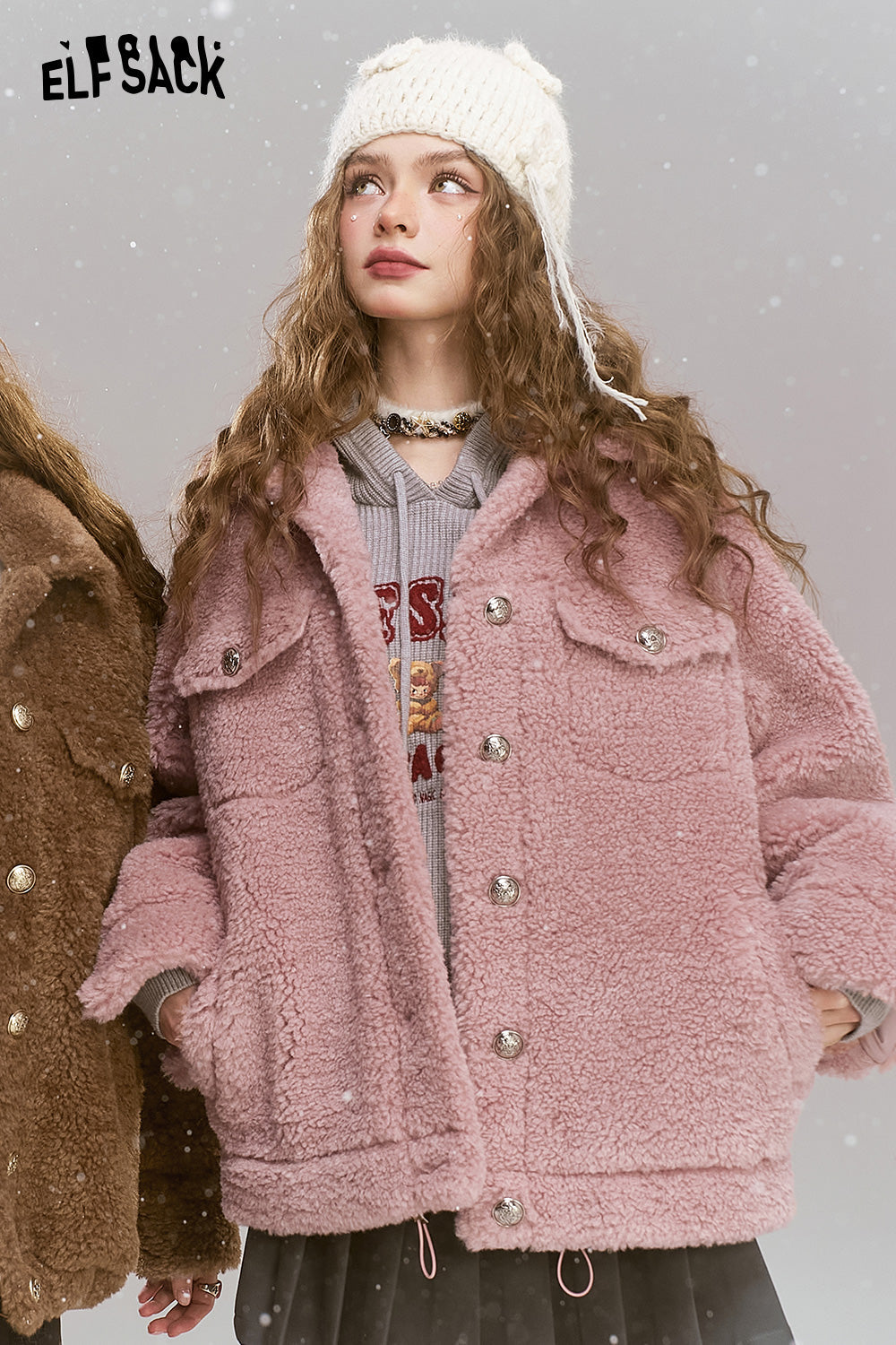 ELFSACK Retro Sweet Cool Plush Single breasted Short Warm Thick Coat