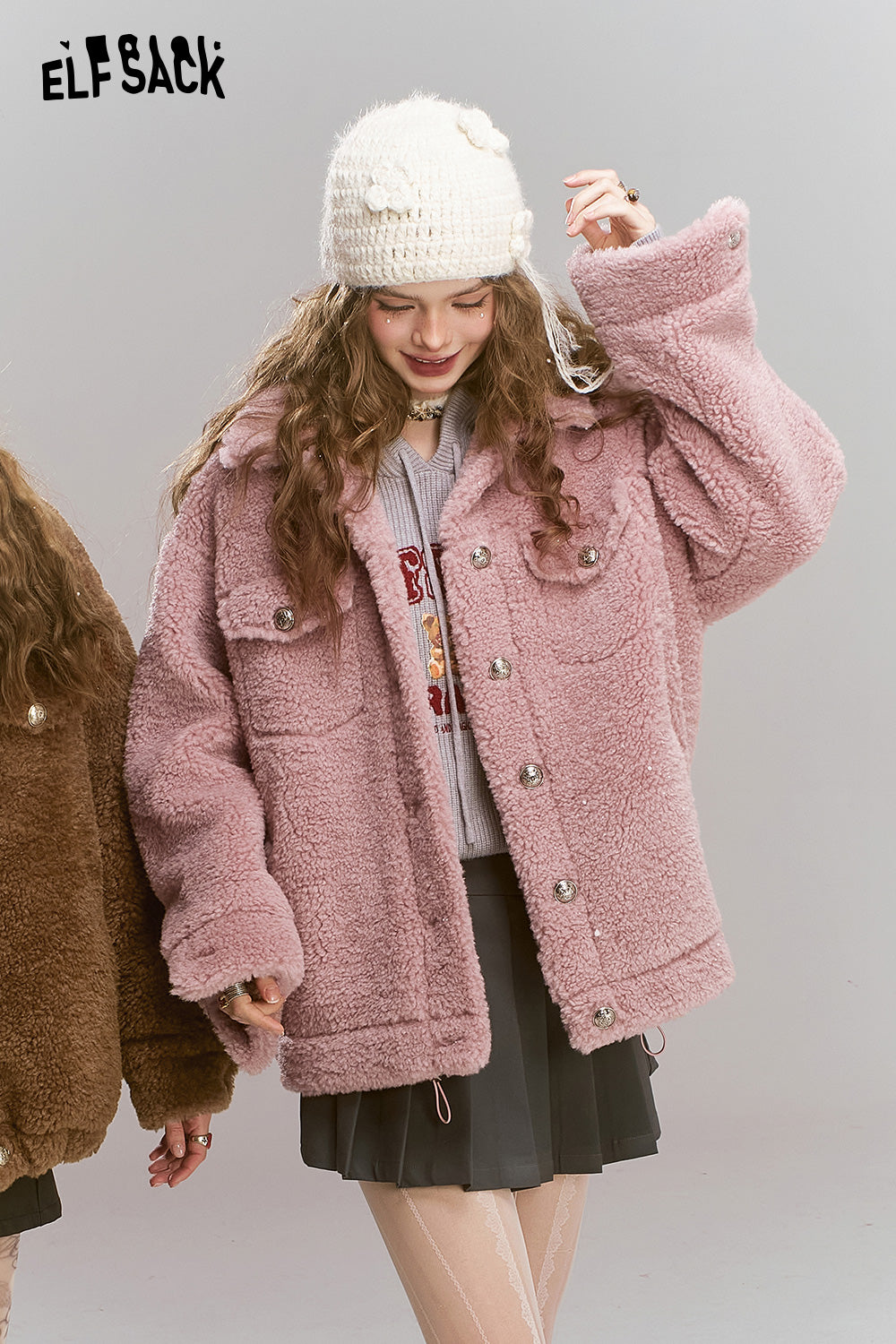 ELFSACK Retro Sweet Cool Plush Single breasted Short Warm Thick Coat