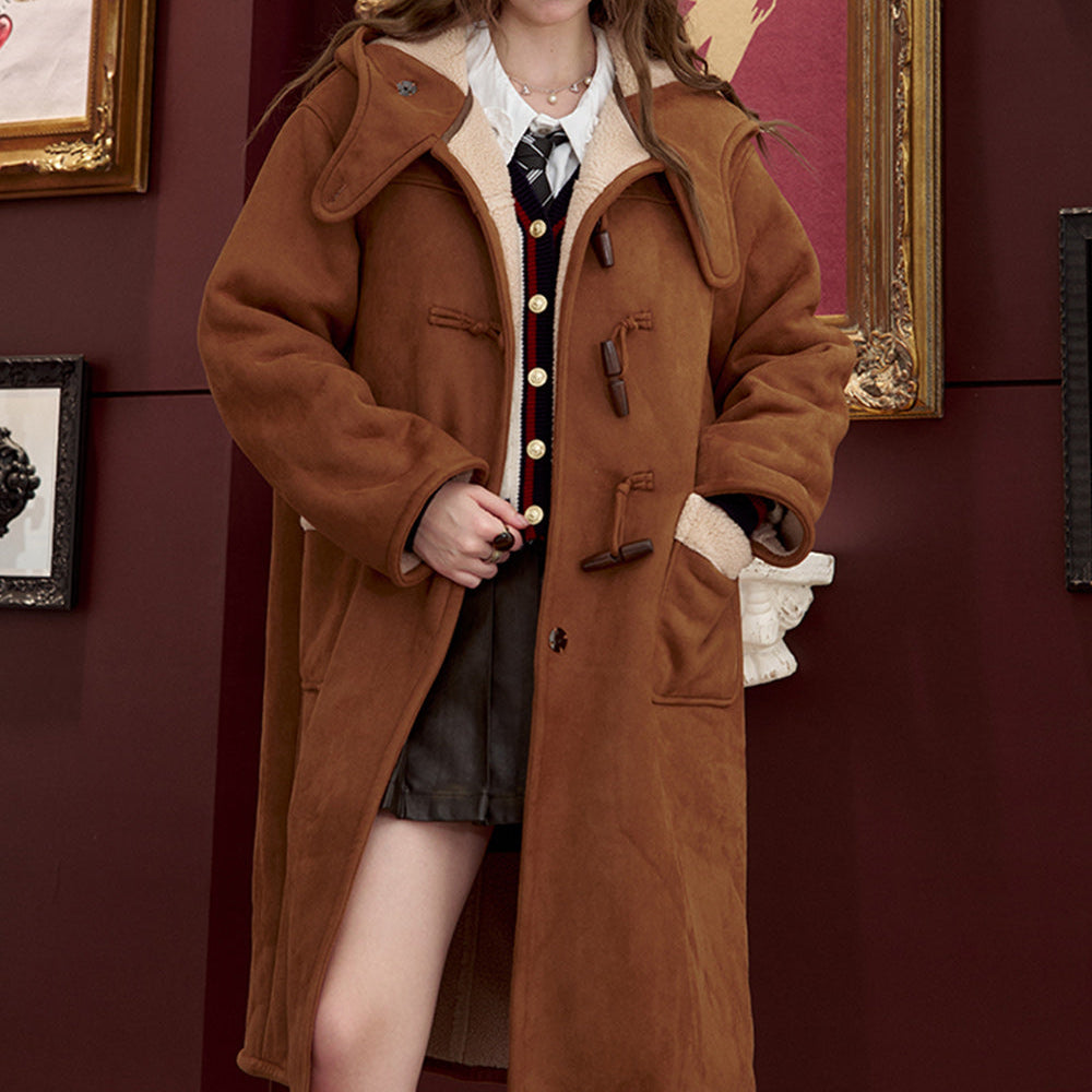 ELFSACK 2024 Winter New Arrivals College style retro coffee brown cow horn button long jacket for women