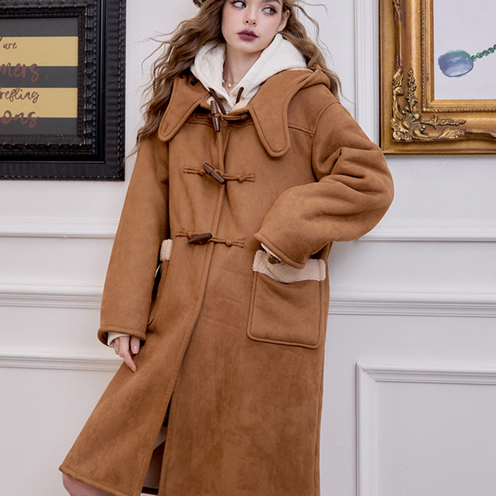 
                  
                    ELFSACK 2024 Winter New Arrivals College style retro coffee brown cow horn button long jacket for women
                  
                