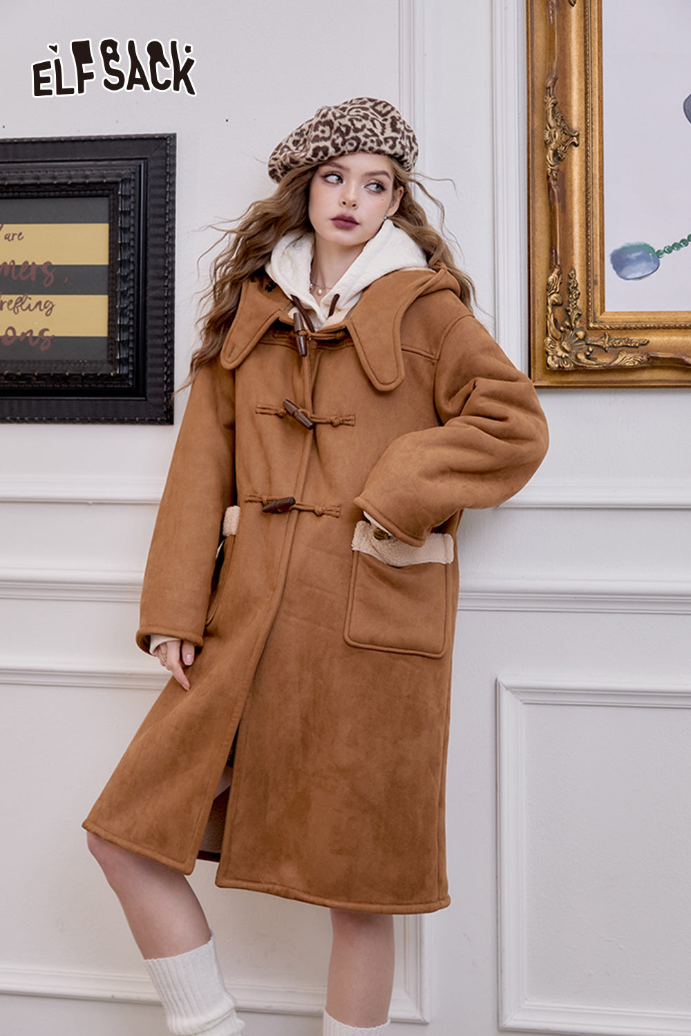 ELFSACK College style retro coffee brown cow horn button long jacket