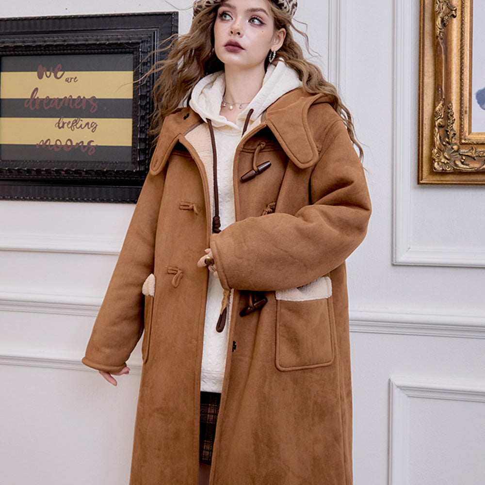 
                  
                    ELFSACK 2024 Winter New Arrivals College style retro coffee brown cow horn button long jacket for women
                  
                