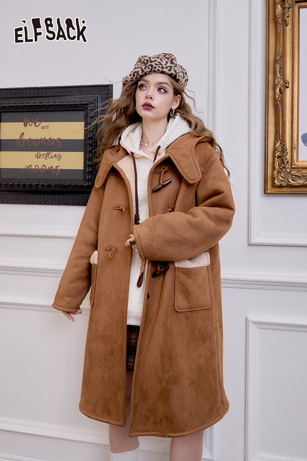 ELFSACK College style retro coffee brown cow horn button long jacket