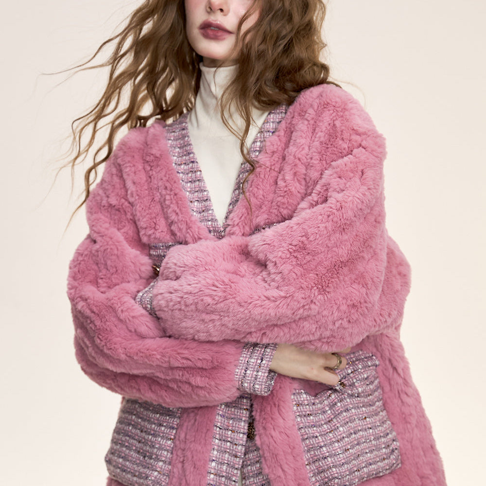 ELFSACK 2024 Winter New Arrivals Houndstooth stitching pink fluffy coat for women