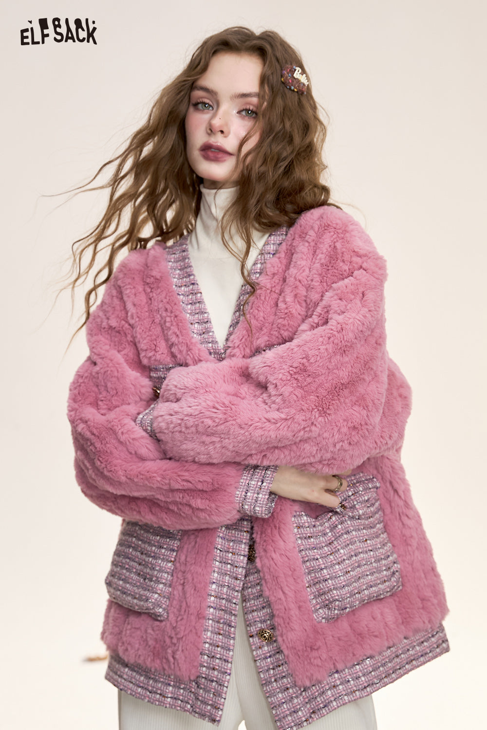 ELFSACK Houndstooth stitching pink fluffy coat