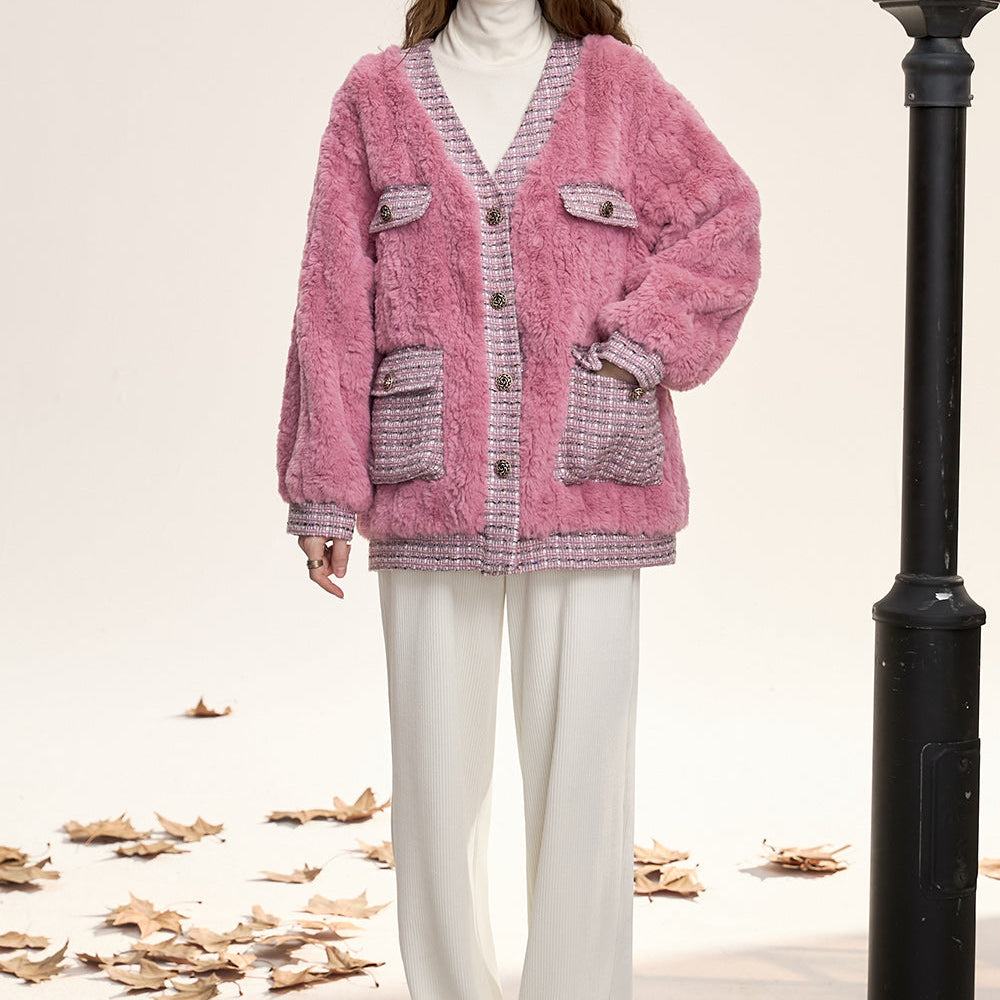 
                  
                    ELFSACK 2024 Winter New Arrivals Houndstooth stitching pink fluffy coat for women
                  
                