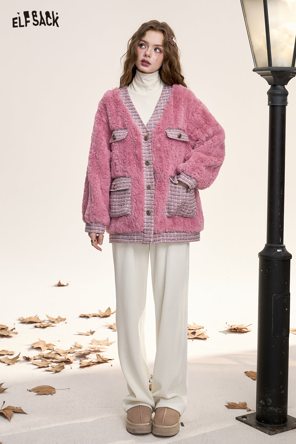 ELFSACK Houndstooth stitching pink fluffy coat
