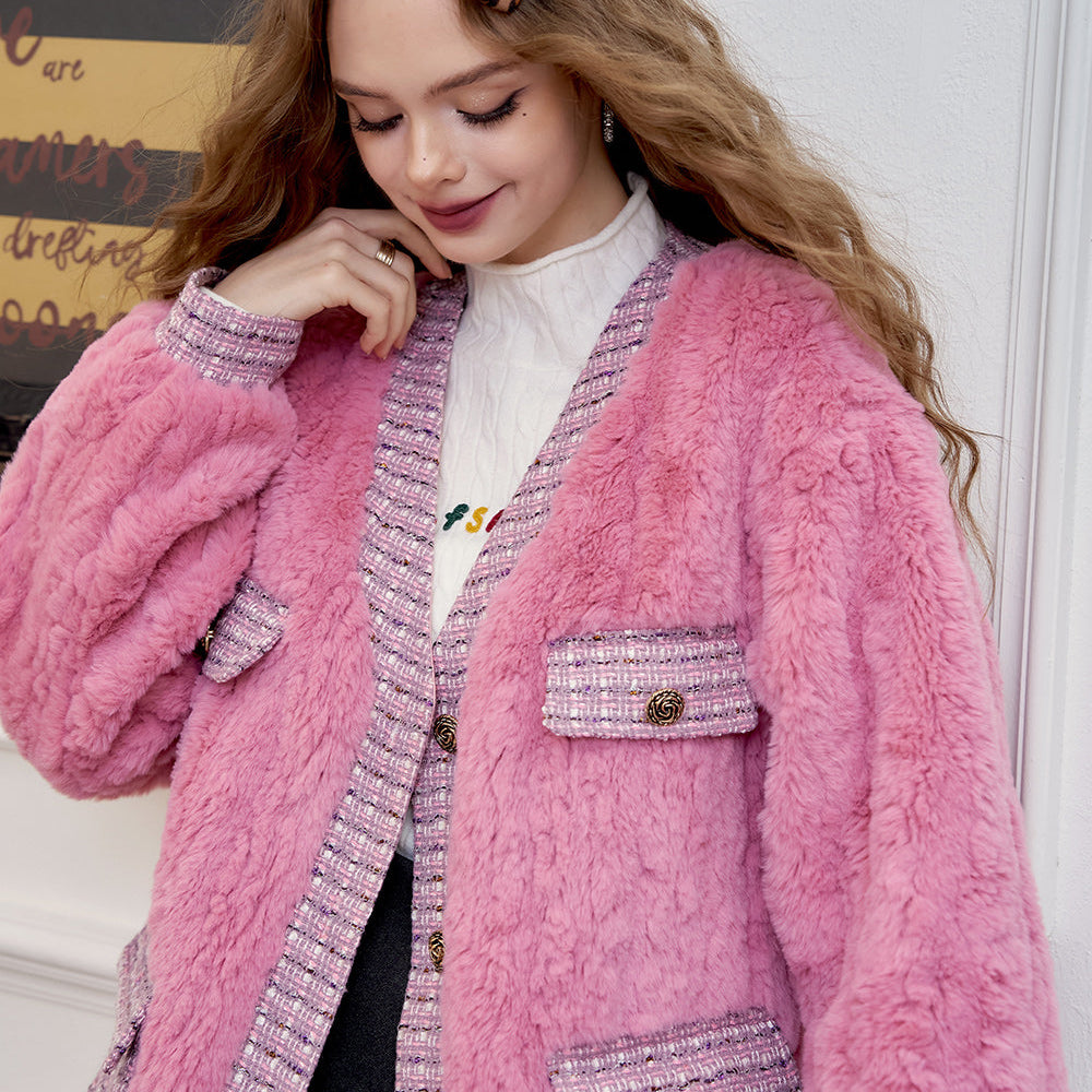 
                  
                    ELFSACK 2024 Winter New Arrivals Houndstooth stitching pink fluffy coat for women
                  
                