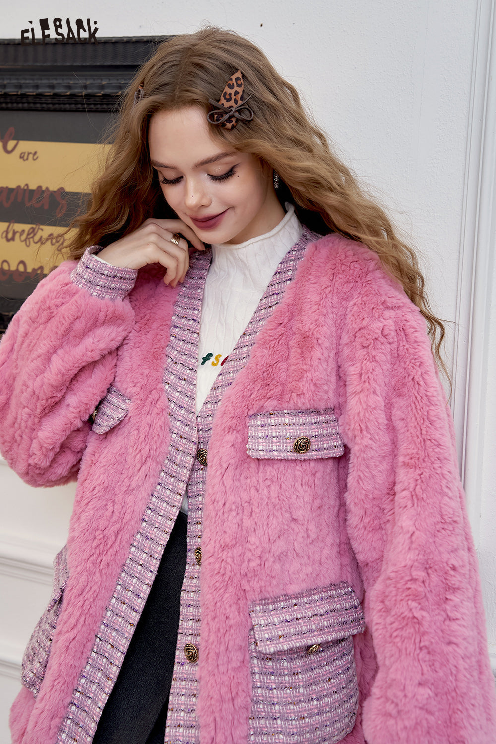 ELFSACK Houndstooth stitching pink fluffy coat