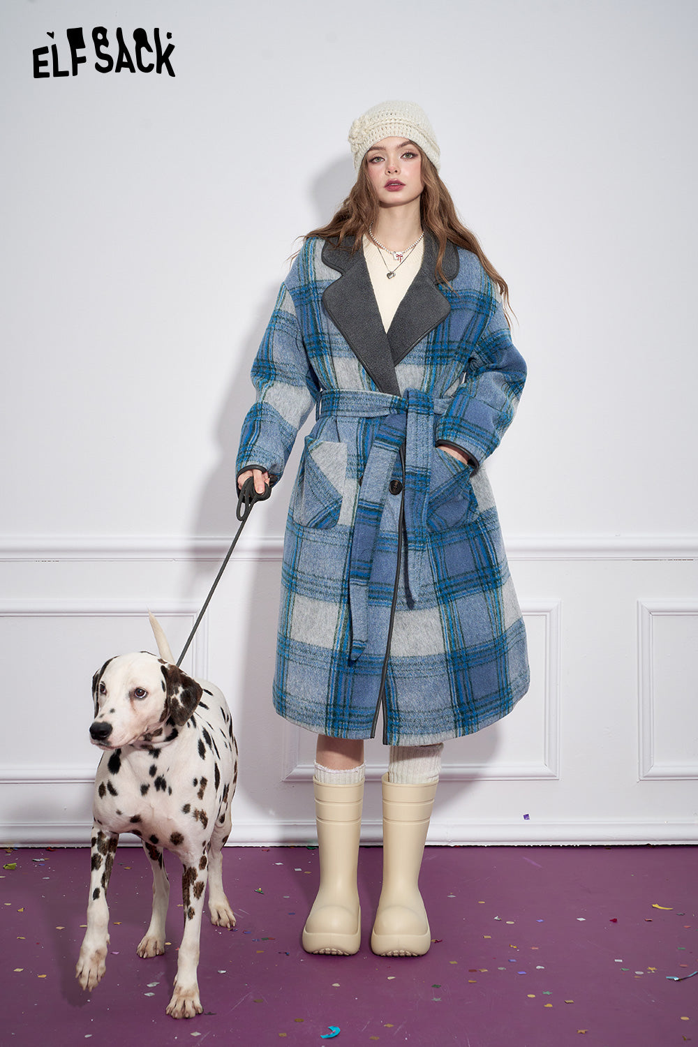 ELFSACK Blue Plaid Elegant Faux Woolen Coat Women Simple Mid-Length Coat