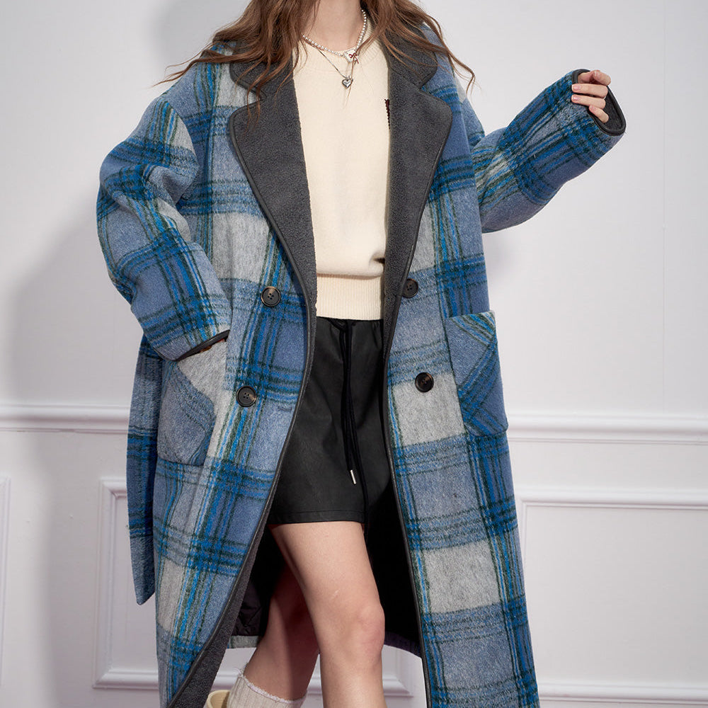 ELFSACK 2024 Winter New Arrivals Blue Plaid Elegant Faux Woolen Coat Women Simple Mid-Length Coat