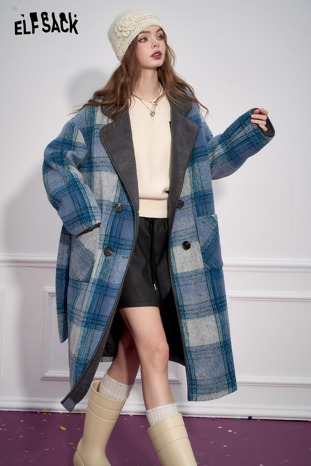 ELFSACK Blue Plaid Elegant Faux Woolen Coat Women Simple Mid-Length Coat