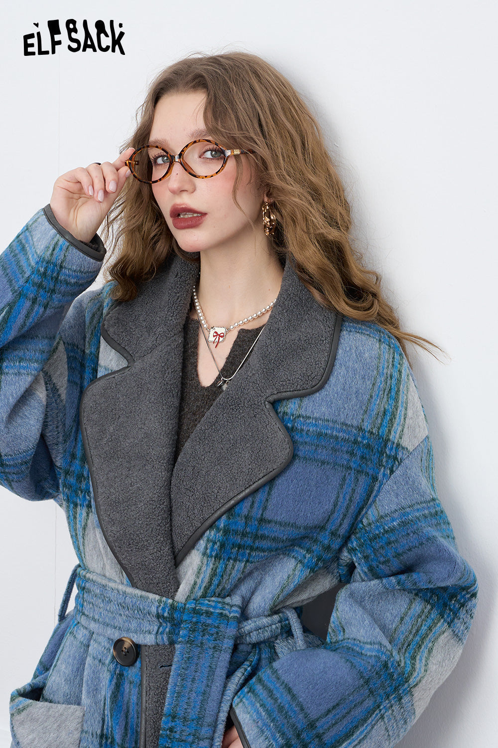 ELFSACK Blue Plaid Elegant Faux Woolen Coat Women Simple Mid-Length Coat