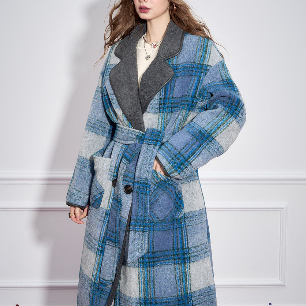 
                  
                    ELFSACK 2024 Winter New Arrivals Blue Plaid Elegant Faux Woolen Coat Women Simple Mid-Length Coat
                  
                