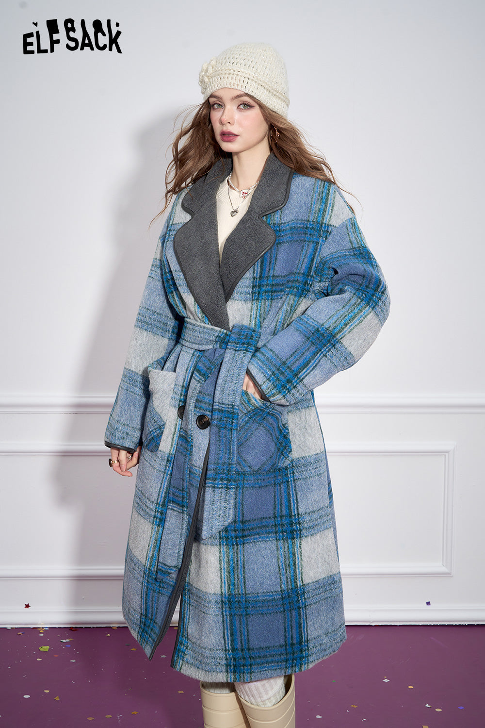 ELFSACK Blue Plaid Elegant Faux Woolen Coat Women Simple Mid-Length Coat
