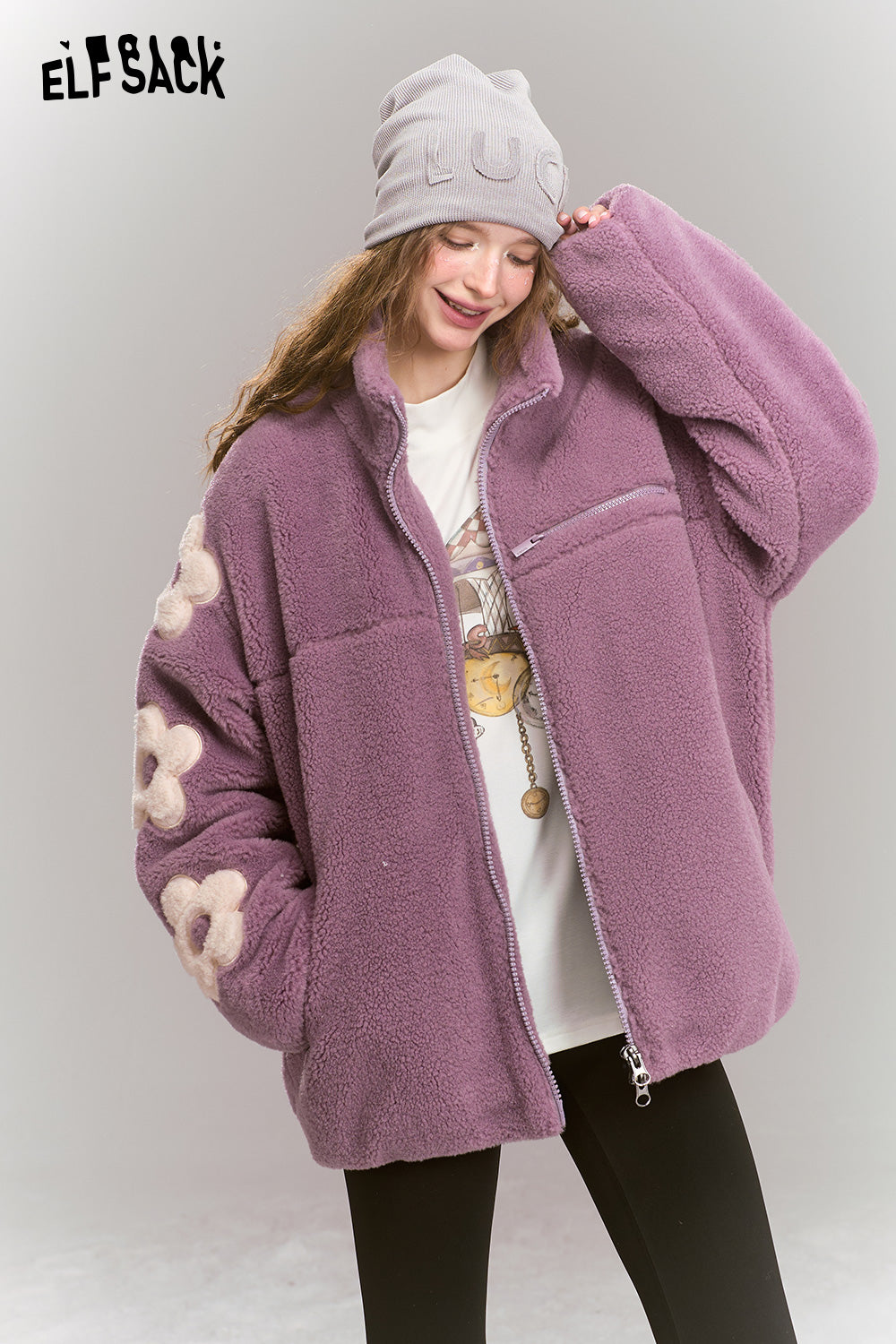 ELFSACK Flowers stitching imitation plush coat women loose stand collar thick warm jacket