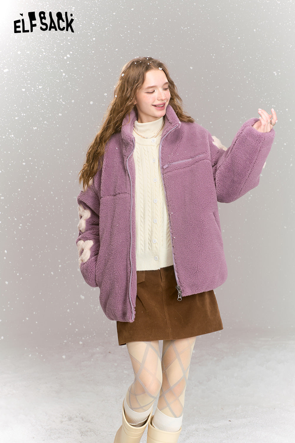 ELFSACK Flowers stitching imitation plush coat women loose stand collar thick warm jacket