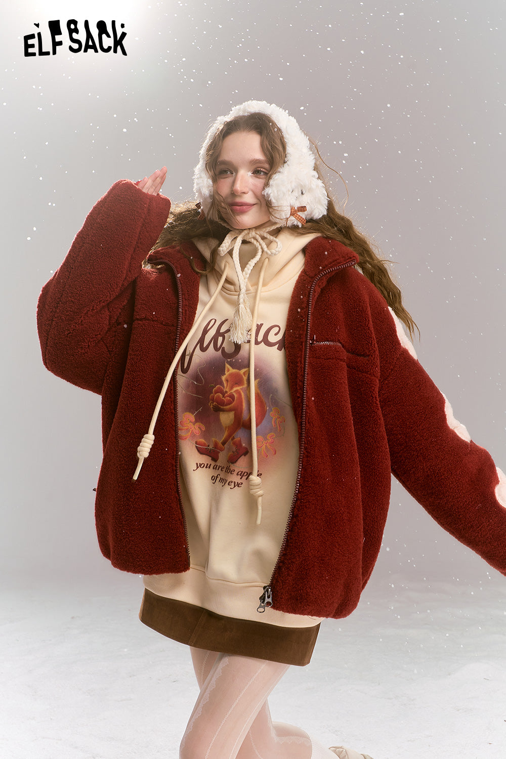 ELFSACK Flowers stitching imitation plush coat women loose stand collar thick warm jacket
