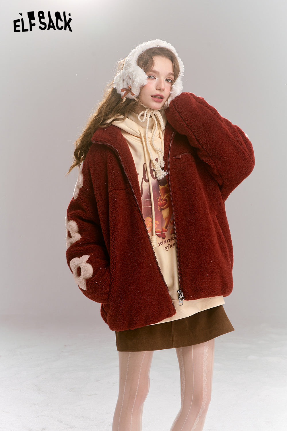 ELFSACK Flowers stitching imitation plush coat women loose stand collar thick warm jacket