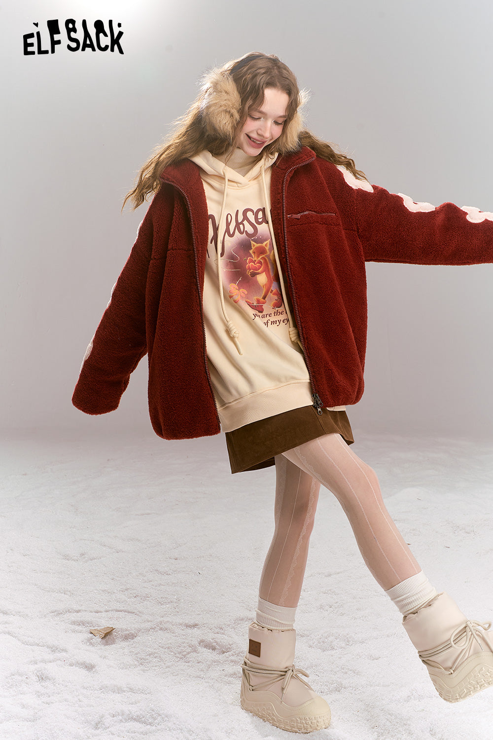 ELFSACK Flowers stitching imitation plush coat women loose stand collar thick warm jacket