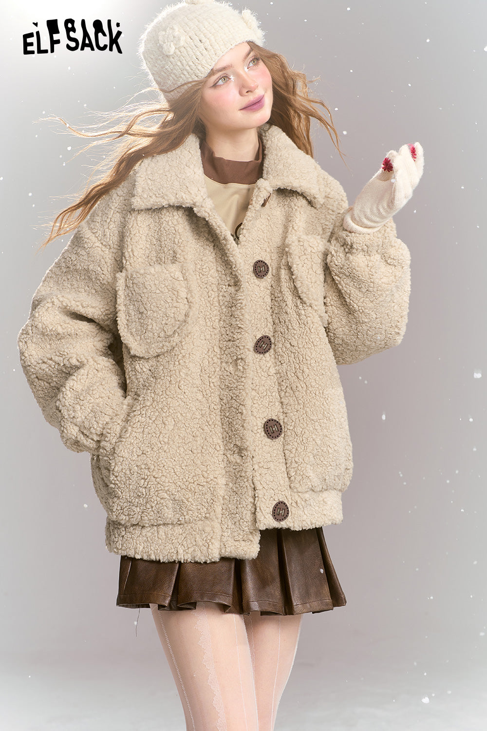 ELFSACK 2024 Winter New Arrivals Sweet khaki imitation plush short thick warm jacket