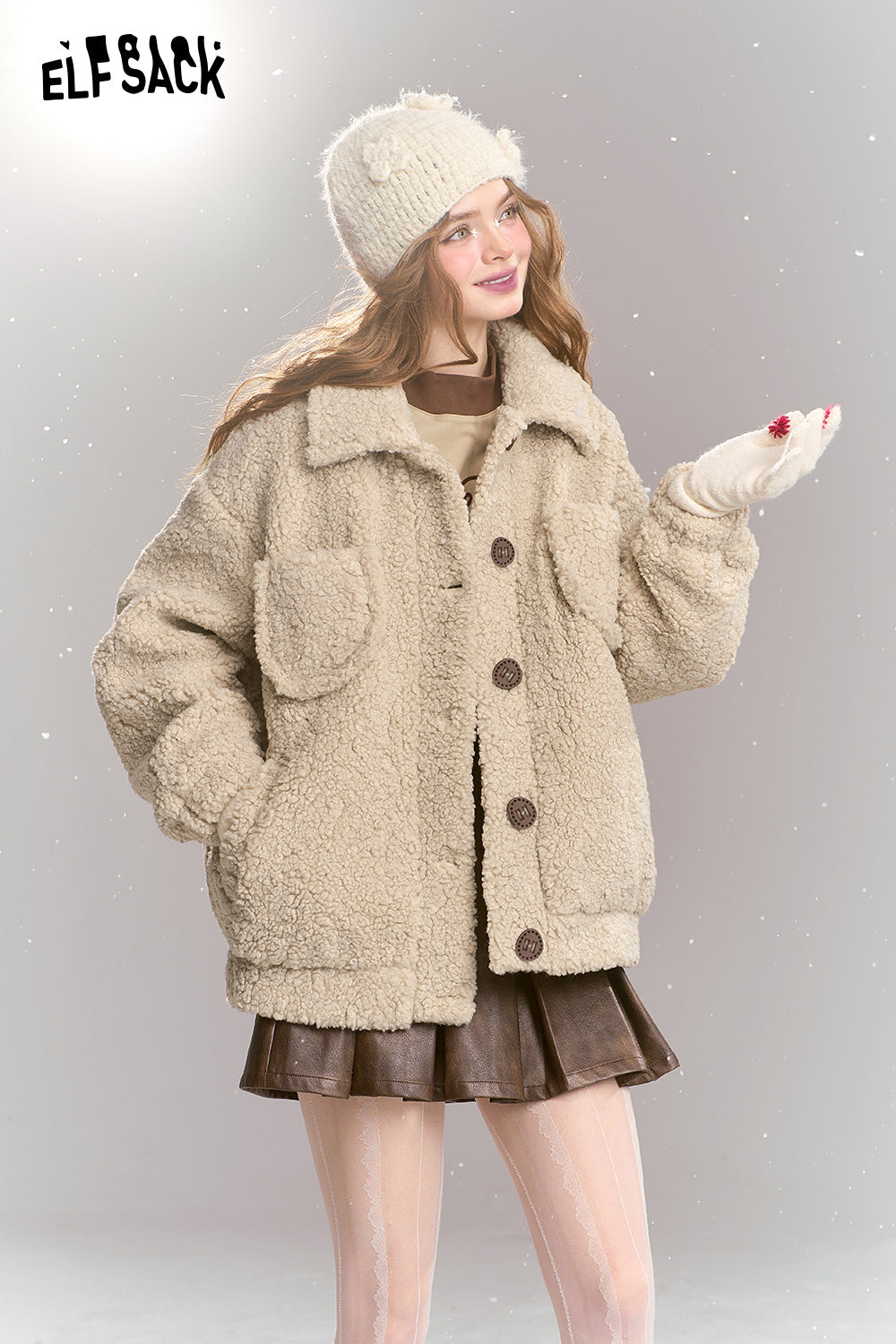 ELFSACK 2024 Winter New Arrivals Sweet khaki imitation plush short thick warm jacket