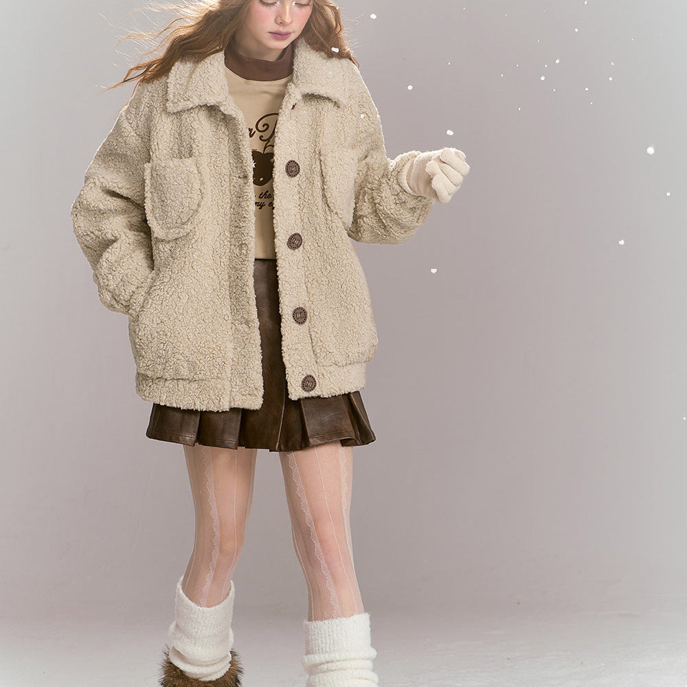 
                  
                    ELFSACK 2024 Winter New Arrivals Sweet khaki imitation plush short thick warm jacket
                  
                