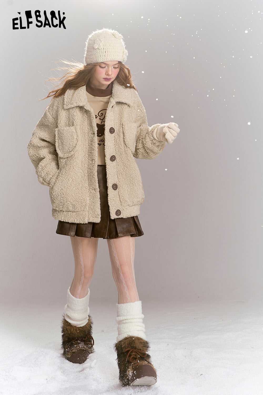 ELFSACK Sweet khaki imitation plush short thick warm jacket