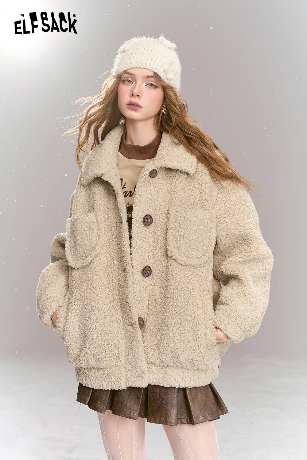 ELFSACK Sweet khaki imitation plush short thick warm jacket