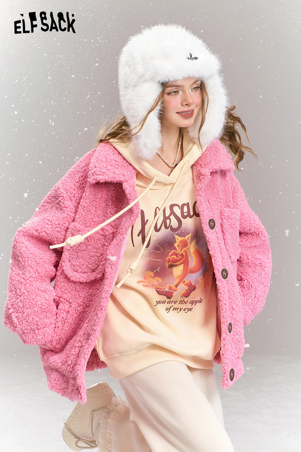 ELFSACK Sweet khaki imitation plush short thick warm jacket