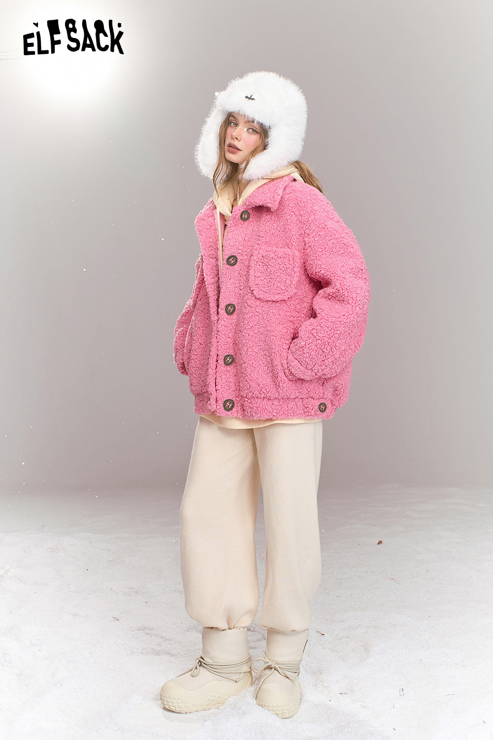 ELFSACK Sweet khaki imitation plush short thick warm jacket