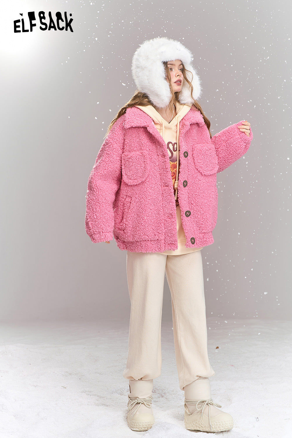 ELFSACK Sweet khaki imitation plush short thick warm jacket