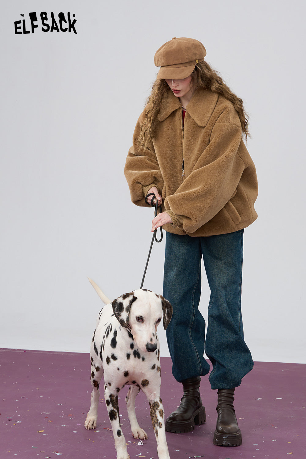 ELFSACK Retro khaki loose collar imitation plush thick coat