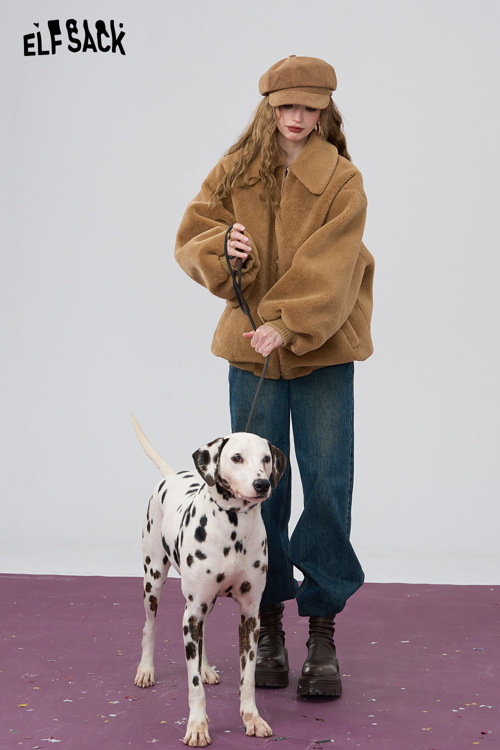 ELFSACK Retro khaki loose collar imitation plush thick coat